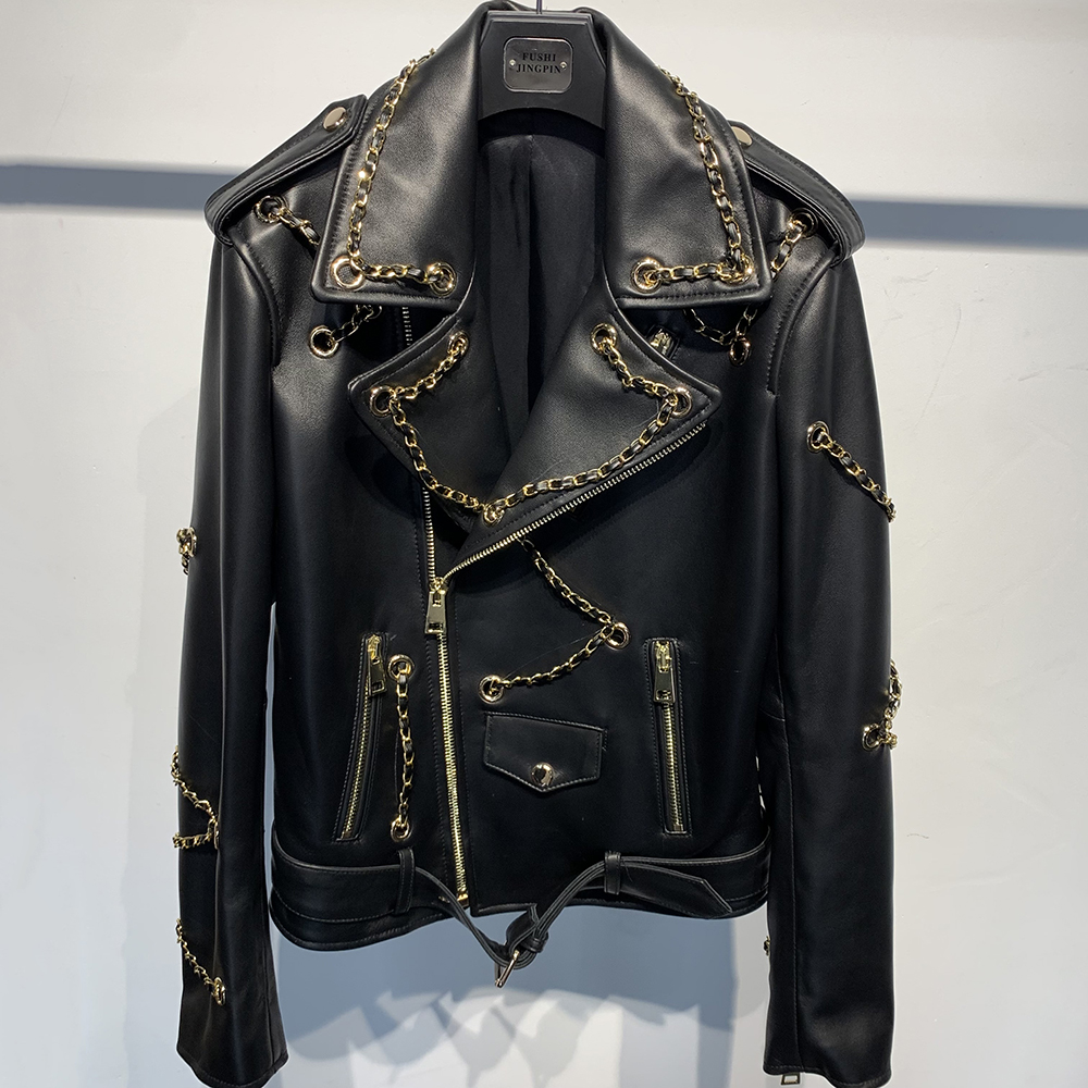 Oversized Loose Golden Chain Genuine Leather Jacket Women