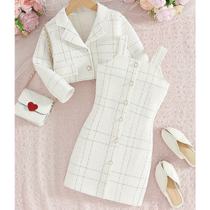 Set Elegante con <span class=keywords><strong>Blazer</strong></span> a Quadri <span class=keywords><strong>Bianco</strong></span> e Abito Senza Maniche, Giacca a Maniche Corte, Completo per Bambine 3-10 Anni - Product Image 4