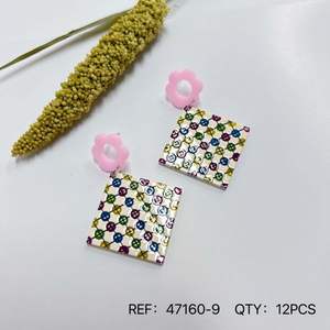 Orecchini Pendenti Quadrati Dipinti con Ciondoli a Fiore, Motivo Multicolore, Gioielli alla Moda, Set da 12 Pezzi - Product Image 1