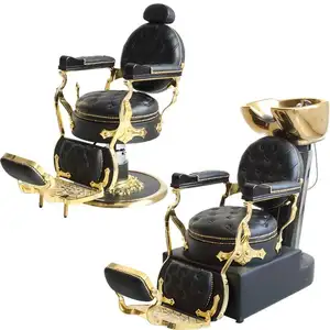 Antika retro güzellik kuaför ekipmanları şekillendirici sandalye hidrolik yuvarlak taban siyah ve altın berber koltuğu