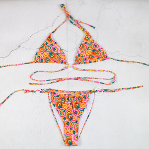 New Design Custom Sexy Thong Micro String Swimwear <strong>Green</strong> Plant Printed Bathing Suit Ring Linked <strong>Bikini</strong> <strong>Set</strong> for Women - Product Image 5