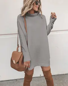 Vestidos casuais de outono e inverno cor sólida moda manga comprida em torno do pescoço vestido midi feminino