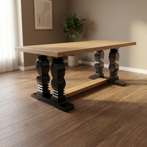Antique Rectangle Dining Table <b>Oak</b> Veneered MDF Top Solid Wood <b>Frame</b> Beech Pedestal Table for Home Dining Room - Product Image 4