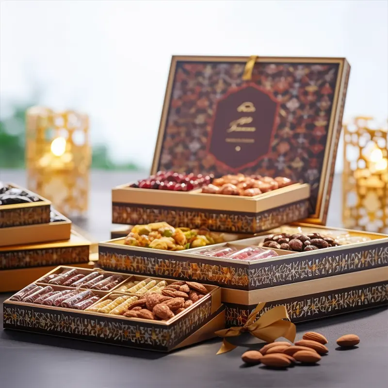 Scatola di cioccolato di lusso con Logo personalizzato 3 cassetti vuota Muslim Eid Mubarak Ramadan datario commestibile confezione regalo di cioccolato