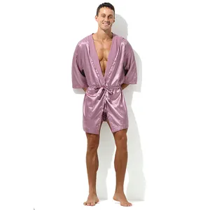 Hot Selling Men Summer Bathrobe Male Silk Short Sleeve Bath Robe Sexy Mens Dressing Gown Bathrobes(No shorts)