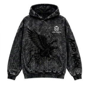 Sudadera con Capucha para Hombre Long Mission, Estampado de Águila con Efecto Ácido, Estilo Urbano Oversize, 100% Algodón, Forro Polar Transpirable, Bolsillo Forrado - Product Image 3