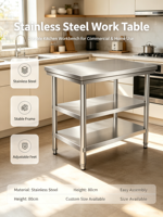 Table de travail en acier inoxydable 304 robuste avec étagère inférieure, facile à nettoyer, structure stable, pour la préparation culinaire