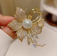 Bros Mutiara Berlian Double-Flute untuk Wanita, Pin Berlapis Emas, Aksesoris Trendi untuk Pertunangan, Pernikahan & Pesta
