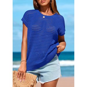 Suéter de Mujer con Mangas Cortas de Crochet, Transpirable, Cuello Redondo, Top de Verano Informal para la Playa o Vacaciones - Product Image 4