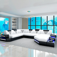 Muebles de Sala de Estar, Juego de Sofás de Cuero en Forma de U, Sofá Esquinero de Cuero con Cama y Luz LED