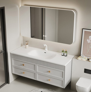 French-style Cream-Toned Ceramic One-Piece Basin with Smart Lighting <b>Mirror</b> <b>Wall</b>-Mounted Bathroom Vanity - Product Image 3