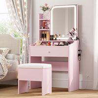 Ensemble de coiffeuse moderne en bois durable avec miroir, éclairage, tabouret, port de charge, tiroirs et étagères
