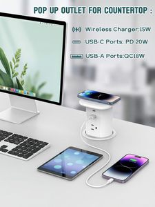 Prise industrielle américaine avec charge sans fil, prise pneumatique escamotable, 5 prises, 2 ports, charge rapide 15W, WiFi, alimentation cachée pour comptoir - Product Image 5