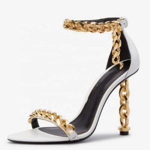 Custom Metal Heels Sandals Women Dress Stiletto Party Ankle Buckle Office Lady Shoes Open Square <b>Toe</b> High Slim Gold Heels - Product Image 2