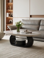 Nouvelle table basse en bois massif, design minimaliste moderne, plateau en dalle de pierre ovale, rangement intégré, luxe discret pour salon