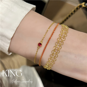 Bracelet en argent King Silver Jewelry, cordon rouge, argent sterling S925 plaqué or, double couche tressée, style rétro chinois - Product Image 2