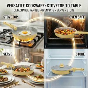 Ensemble de casseroles en aluminium forgé jaune E-TOP 14 pièces, antiadhésif, facile à ranger, avec poignée amovible pour la cuisson - Product Image 5