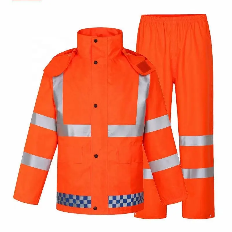 Outdoor Road black Raincoat Waterproof oxford 300D PU Traffic Safety Fluorescent Green Reflective jacket and pant set rain gear