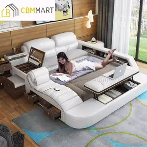 CBMmart现代设计功能按摩卧室家具套装真皮床，带音乐扬声器