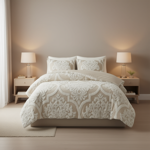 Ensemble de housse de couette en chenille de coton tufté, 3 pièces, beige, literie classique pour la maison - Product Image 2