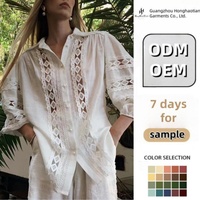 ODM Custom Summer New Style Ramie Leinen Spitze Hohl Turn-Down Kragen Laterne Ärmel Komfortable Modische Zweiteiler Set Frauen