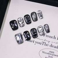 Faux ongles à presser faits main, courts, carrés, style gothique, avec motifs épines, cœurs, strass, crânes, croix, étoiles, paillettes argentées, ongles en gel, vente en gros