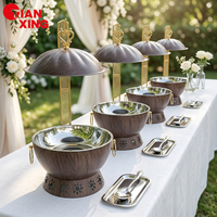 Plat à réchaud rond TIANXING Gold 8L avec motif bois et couvercle suspendu, chauffe-plats en acier inoxydable pour buffet de mariage