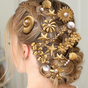 Pinza para el Cabello con Perlas y Flores Doradas, Acero Inoxidable, para Mujer, Adorno para el Cabello de Boda JDH2409001 - Product Image 2