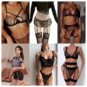 Nouvelle collection de lingerie sexy pour femme : Ensemble soutien-gorge à armatures en dentelle, avec string et porte-jarretelles, motif floral, extensible et ajouré - Product Image 2