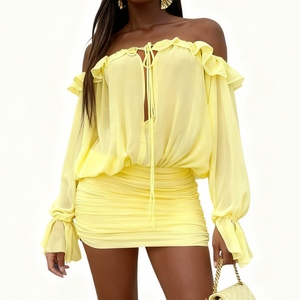 Vestidos Elegantes y Sensuales para Mujer, con Hombros Descubiertos, Detalle de Cordones, Color Sólido, Corte Ajustado, Moda Otoño - Product Image 1