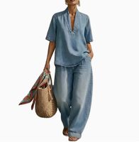 Ensemble deux pièces décontracté style vacances pour femme : haut ample à manches courtes en jean col en V et pantalon large – Collection été 2026