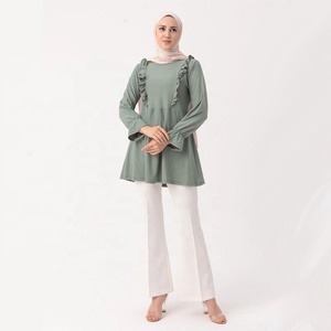 Blusa musulmana plissettata donna Malaysia tacchino elegante manica lunga girocollo tunica top camicetta - Product Image 5