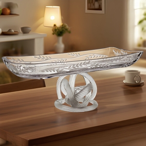 Assiette de service rectangulaire en verre gravé durable avec motif végétal, plat moderne fait main pour centre de table de mariage ou de fête - Product Image 3