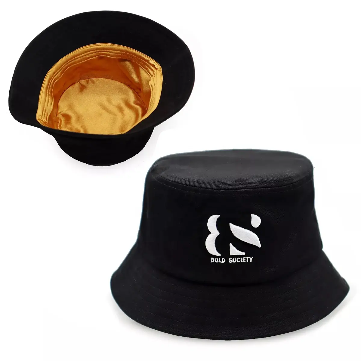 Unisex tùy chỉnh 3D thêu 100% cotton twill lưu vực xô Mũ mũ với Shinny satin lụa lót lót và logo bên trong