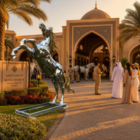 Sculpture de Pégase en acier inoxydable, statue de cheval ailé en position de levage, finition polie miroir, art public extérieur pour place publique