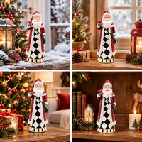 Figurine de Père Noël avec manteau argyle noir et blanc, chapeau rouge et sac cadeau, décoration de table de Noël pour la maison