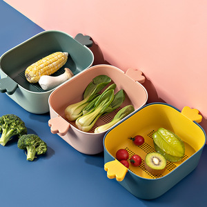 Double Layer Vegetable Washing <b>Basket</b> <b>Plastic</b> Drain Basin With Lid For Kitchen Use - Product Image 3