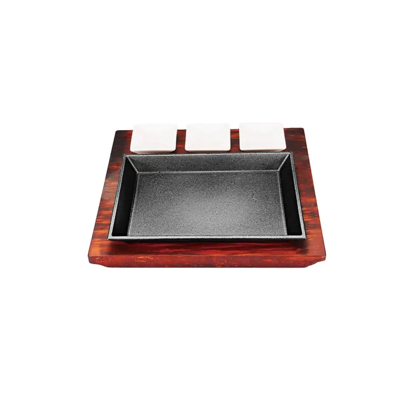 Cast iron cookware fajita platter serving plate sizzling steak pan set with luxury red wooden tray