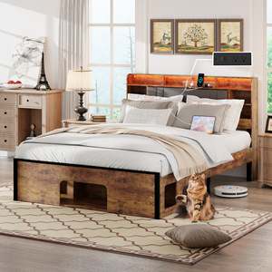 Lit à panneaux avec tête de lit de rangement rembourrée, disponible en tailles Twin, Full, Queen, King, marron, lit avec sommier haut - Product Image 2