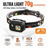 Lampe frontale LED rechargeable 410LM avec capteur de mouvement, 7 modes, USB-C, étanche, ultra-légère 70g, torche frontale 1200mAh, mains libres, vente en gros