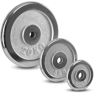 Placas de peso baratas, pesas libres, equipo de gimnasio, mancuerna de hierro fundido plateado para fitness, placa de peso