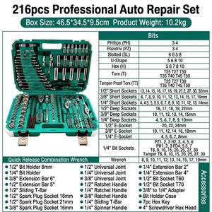 Jeu de clés à douilles en acier CR-V SAE et métriques de 216 pièces, poignée à cliquet industrielle, kit d'outils de réparation automobile pour voiture, moto, bricolage - Product Image 4