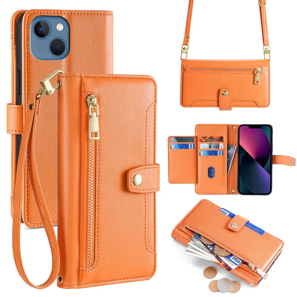 Multifunction Leather Shockproof Anti-fall Strap Card Pocket Wallet Cell Phone Case Covers For iphone 14 pro Max Covers