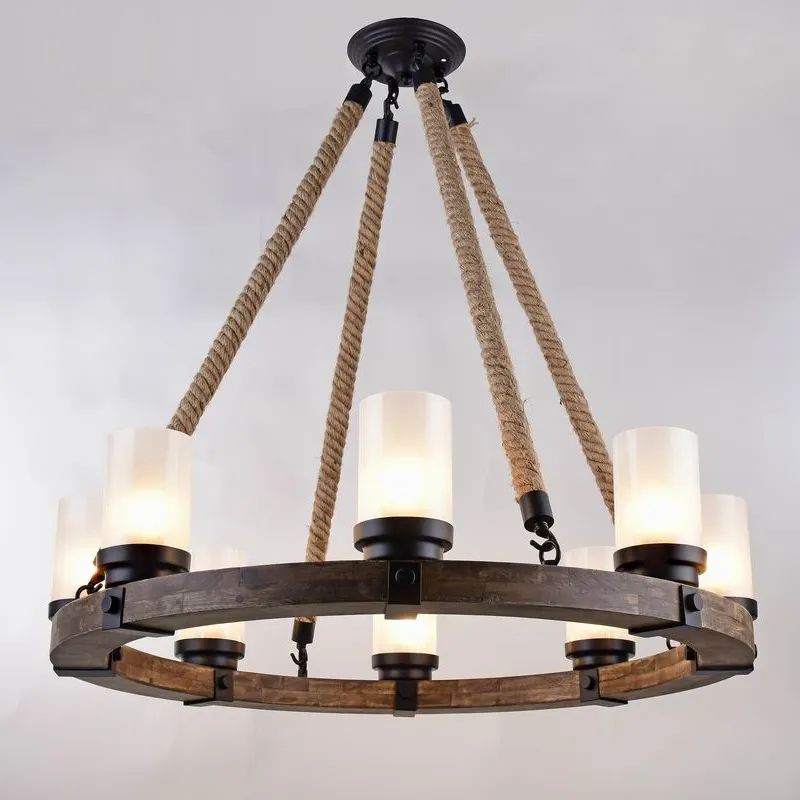 ガラスシェードロープメタルペンダント付きラウンド木製シャンデリア6つのライト装飾照明器具レトロアンティーク天井ランプ
