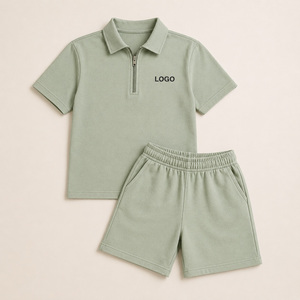 Ensemble <span class=keywords><strong>polo</strong></span> court à demi-zip pour enfants avec logo personnalisé, en molleton bouclette, tenue d'été 2 pièces pour garçons, vêtements pour enfants OEM/ODM, vente en gros - Product Image 3