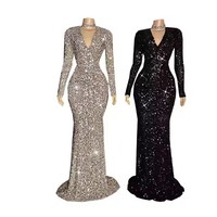 Robes de soirée formelles en sequins argentés, manches longues, style sirène, robe de bal, robes de cérémonie pour femmes arabes de Dubaï