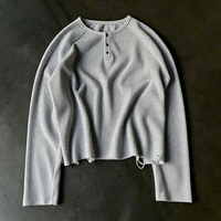 T-shirt Henley à manches longues en coton 100% de 300 grammes, coupe lourde, avec manches raglan et tricot gaufré pour homme
