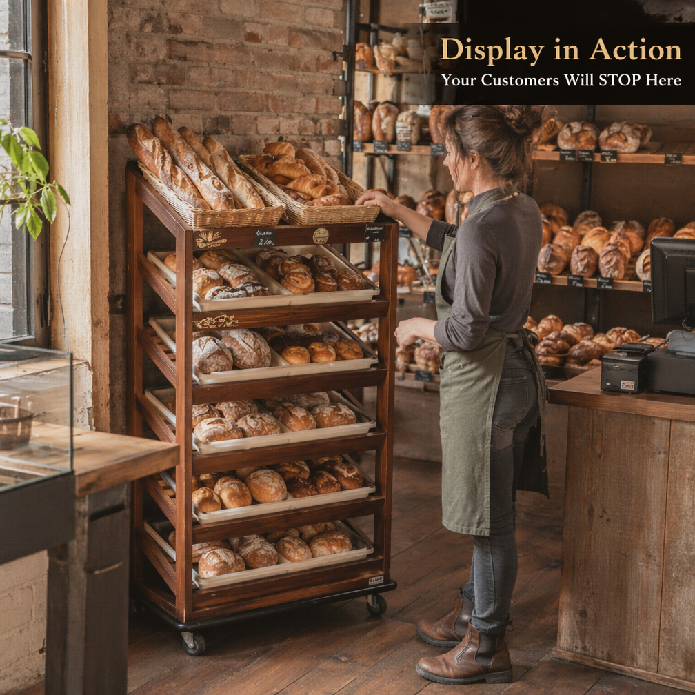 Custom 6-Tier Wooden Rolling Bakery Display Rack Bread Pastry Cart with Wicker Baskets 4 Swivel Casters for Bakery Cafe Hotel