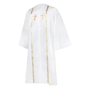 Custom Design RT Wesley White Velvet Panels Clergy Robes Church Uniform with Wheat Alike Decorative Bars