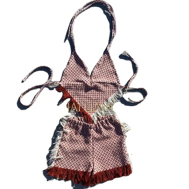 Bikini goblen mayo mini tanga bikini elbise etek seti 2 parça şort takım elbise tığ bikini mayo kargo pantolon takım elbise